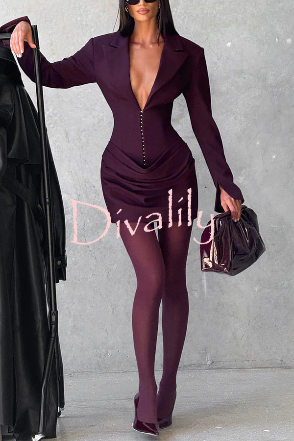 Solid Color Slim-fit V-neck Elegant Draped Formal Mini Dress