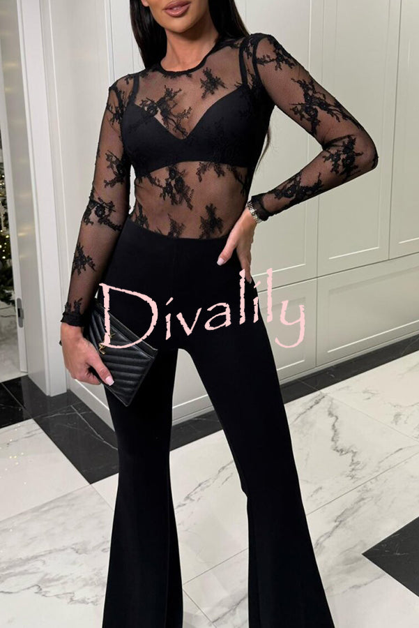 Elegant Sexy Touch Lace Mesh Long Sleeve Stretch Bodysuit