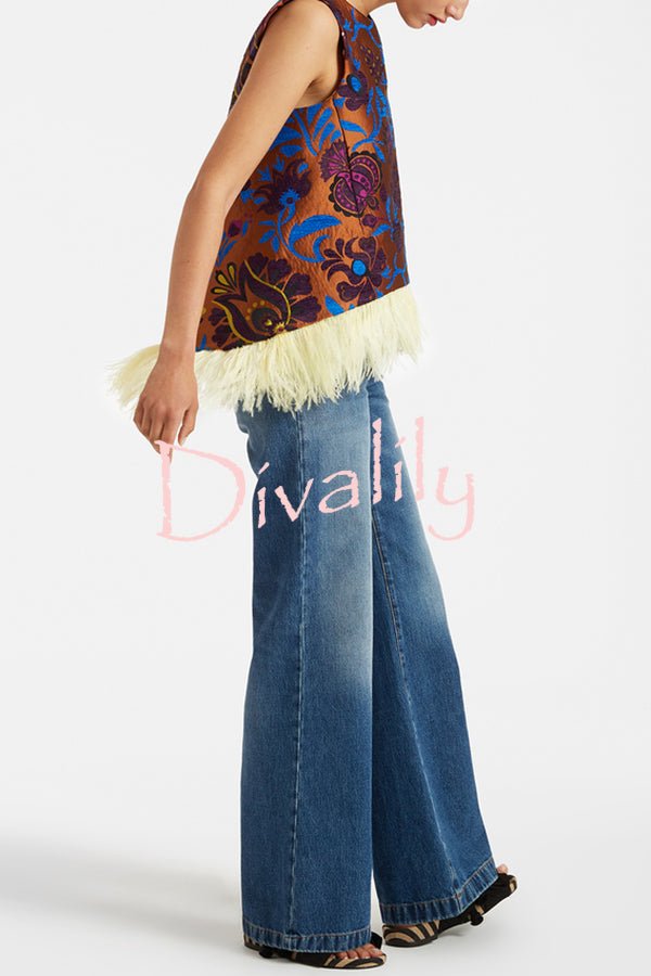 Emina Floral Feather Trim Trapezoidal Silhouette Asymmetrical Hem Top