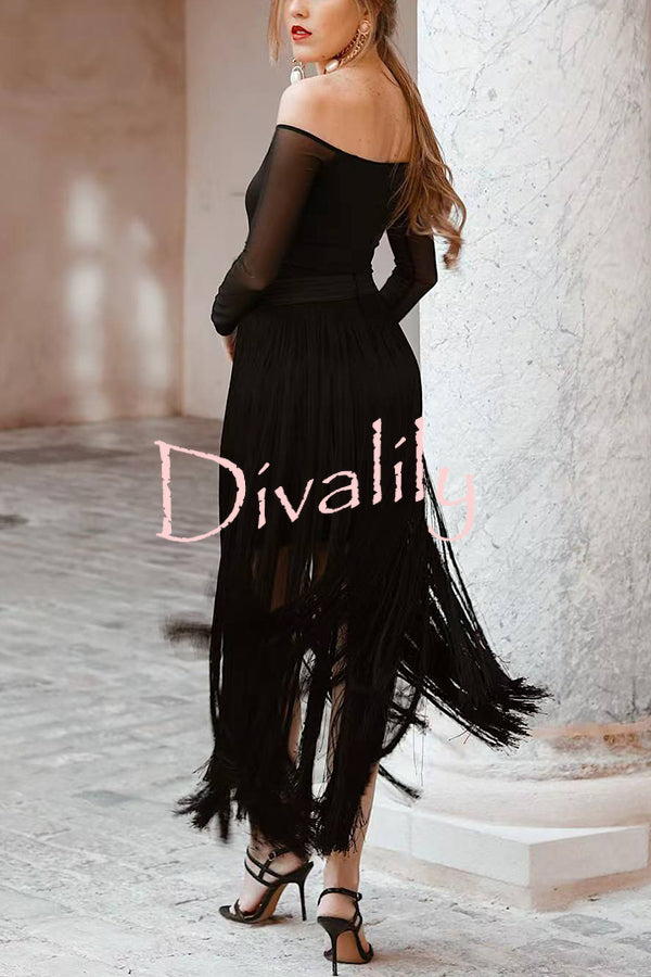 Elegant Tassel Hem Elastic Waist Casual Maxi Skirt
