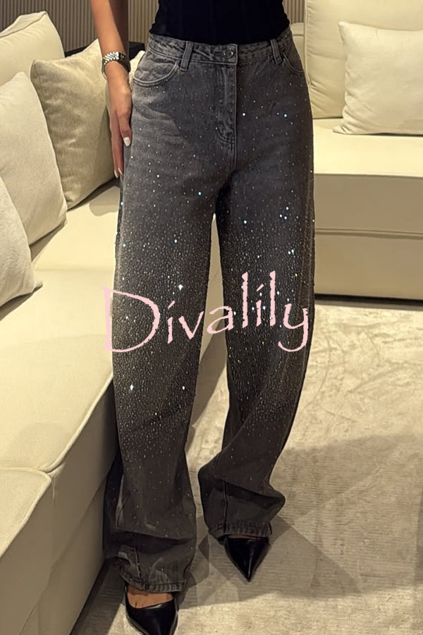 Fashion Star Rhinestone High Rise Casual Pocket Straight Loose Jeans