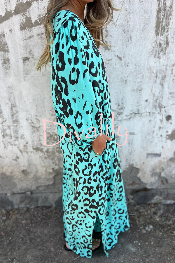 Leopard Print Loose V-neck Pocket Holiday Style Maxi Dress