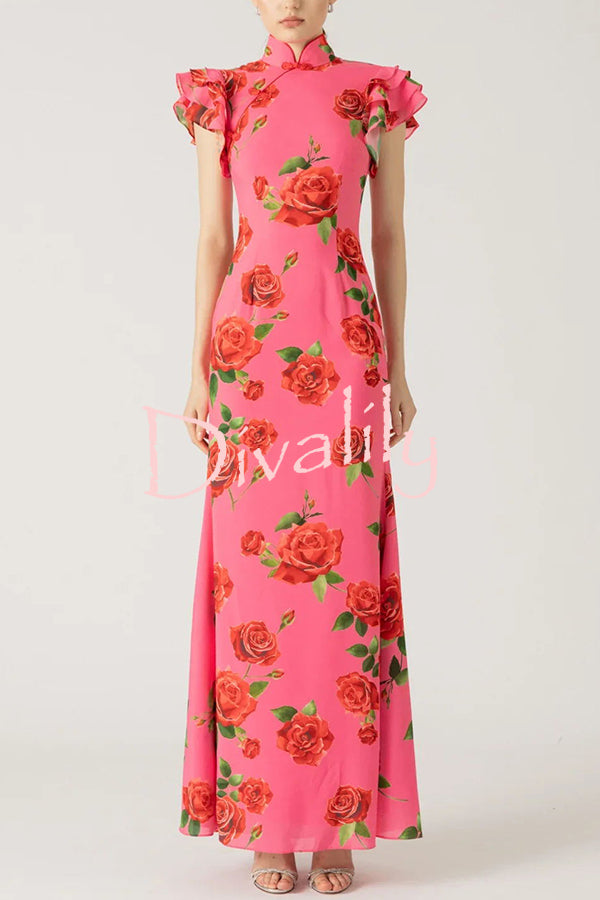 Cheongsam Style Rose Floral Print Tiered Flare Sleeve Stretch Maxi Dress