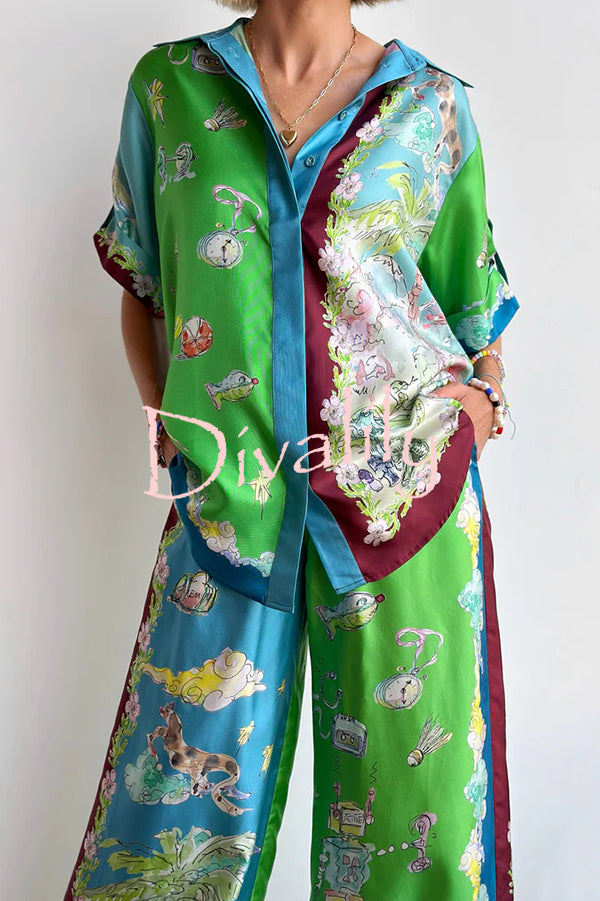 Unique Printed Lapel Short-sleeved Loose Shirt and Elastic Waist Tie Wide-leg Pants Set
