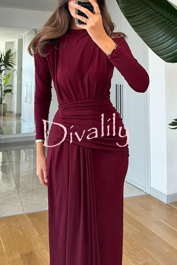 Path To Perfection Ruched Long Sleeve Drape Hem Stretch Maxi Dress