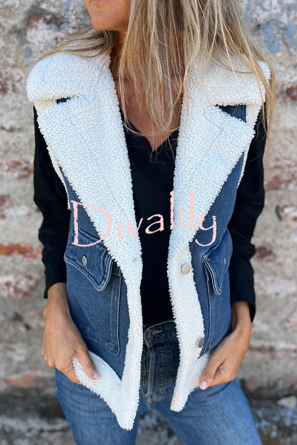 Autumn and Winter Motorcycle Faux Fur One-piece Denim Lapel Pocketed Vest Jacket