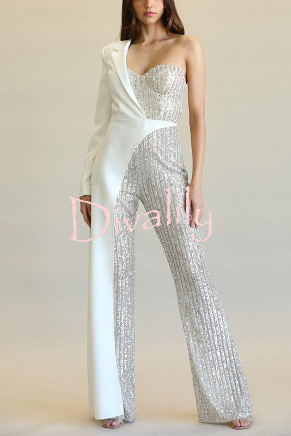 Fashionable Sequined Patchwork One-sided Long-sleeved Asymmetrical Jumpsuit