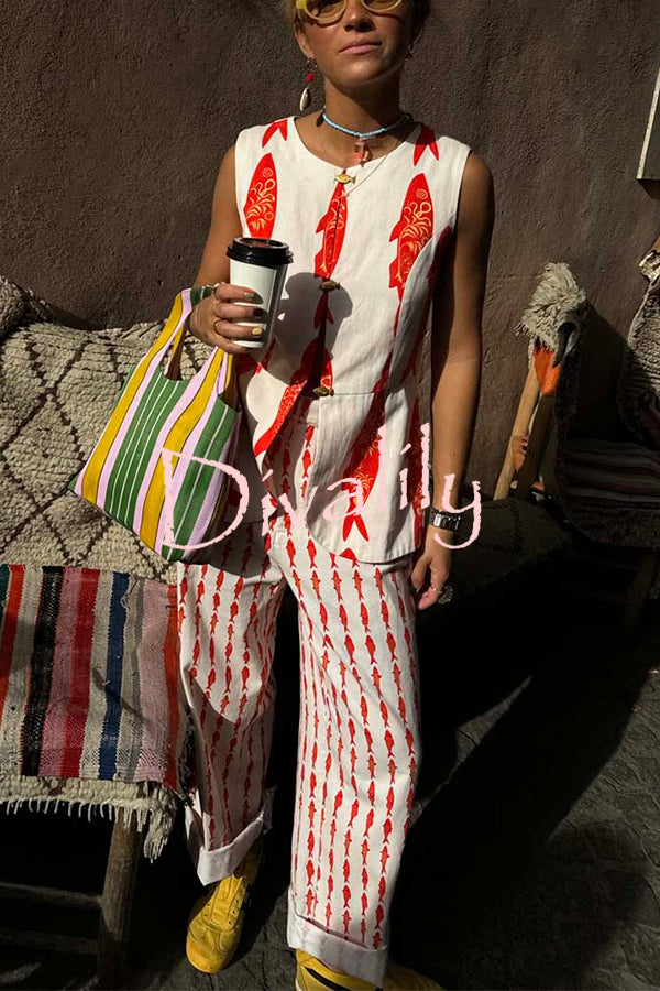 Good Luck Linen Blend Koi Pattern Metal Buttons Waisted Vest