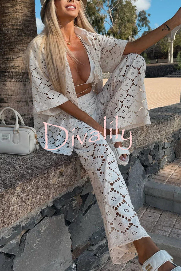 Holiday Crochet Flowers Lace Short Sleeve Shirt and Elastic Waist Wide Leg Pants Set