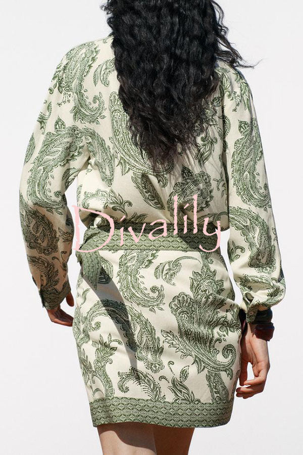 Blend Into Leaves Linen Blend Unique Print Long Sleeve Blouse and Wrap Tie-up Mini Skirt Set