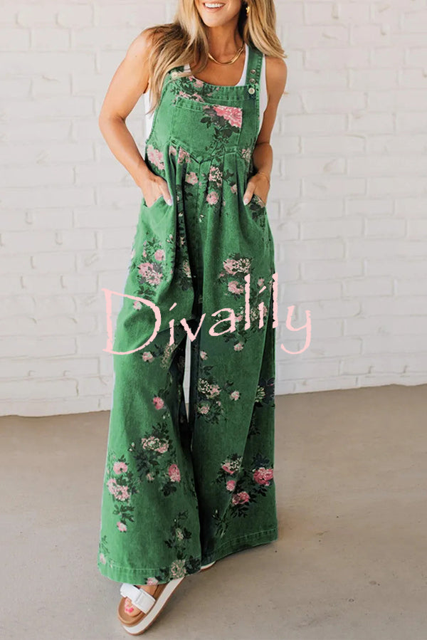Fashion Floral Print Casual Button Pocket Loose Denim Overalls