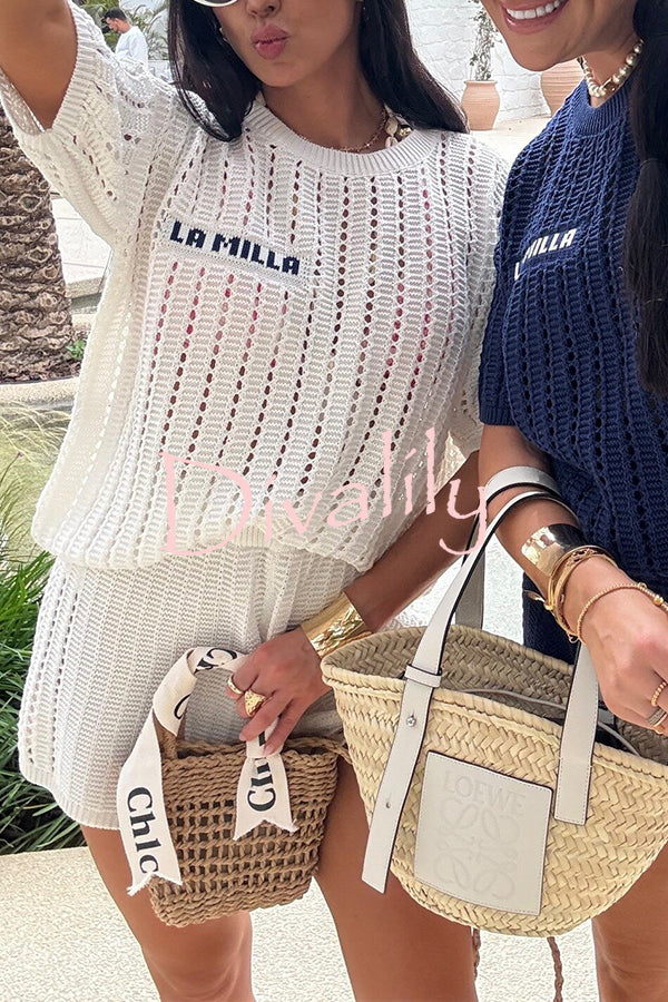 Fashionable Hollow Knit Short-sleeved Top and Elastic High-waist Casual Shorts Set
