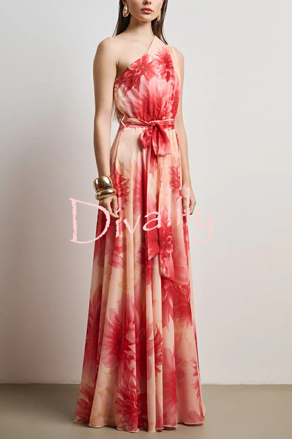 Floral Print One Shoulder Waist Tie Full Hem Resort Style Maxi Dress