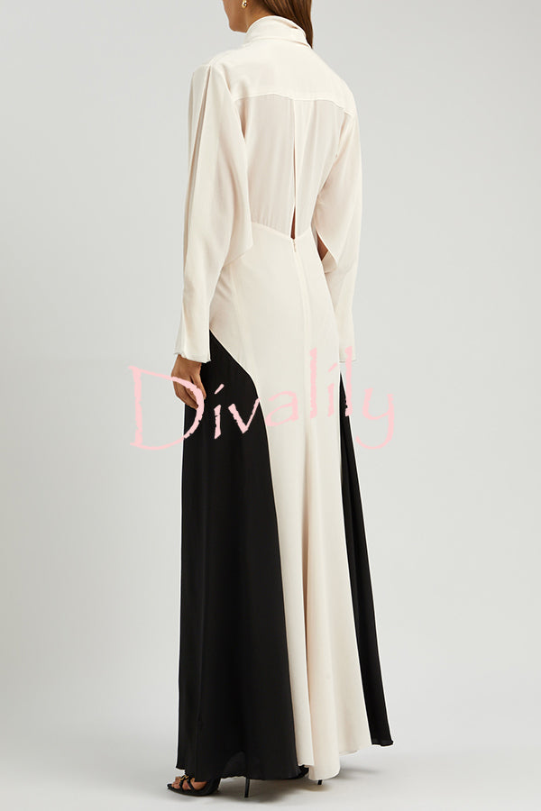 Fashion Contrast Color V-neck Tie High Waist Drape Maxi Dress