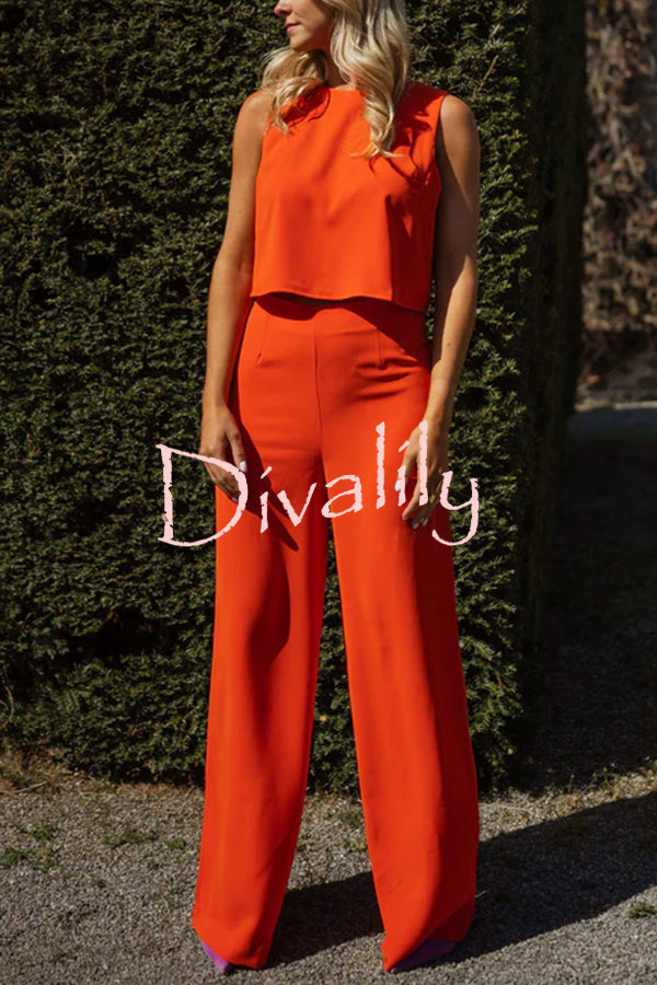 Modern and Elegant Solid Crop Tank and High Rise Flare Loose Pants Set