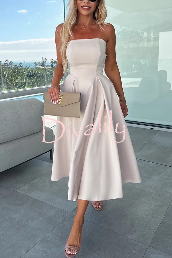 Sweet Cascade Solid Color Off Shoulder Pocket Full Hem Midi Dress