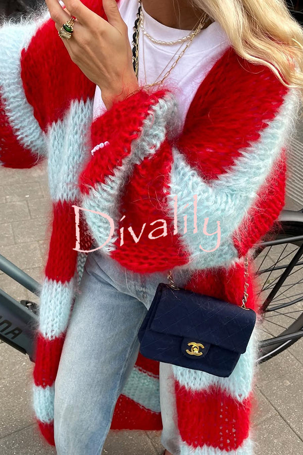Fashionable Contrast Stripes Lazy Style Loose Long Knitted Cardigan