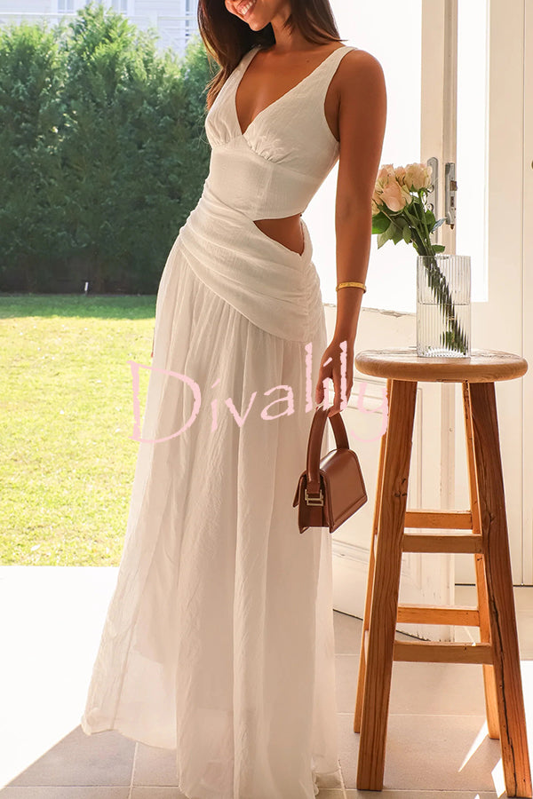 Solid Color V-neck Waist Hollow Slim Maxi Dress