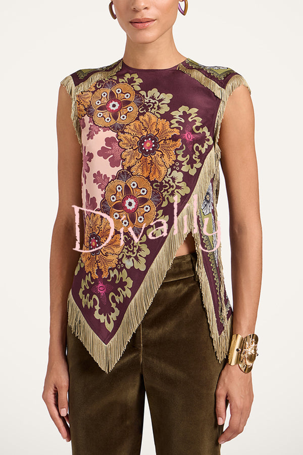 Stunning Floral Print Asymmetric Tassel Trim Scarf Top
