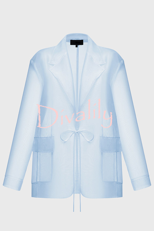 Simple and Light See-through Fabric Tie-up Long Sleeve Pocket Lapel Blazer