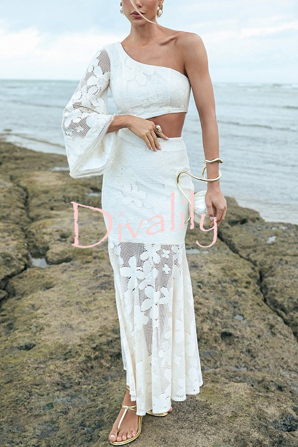 Jackline Floral Lace One Shoulder Bell Sleeve Cutout Waist Fishtail Maxi Dress