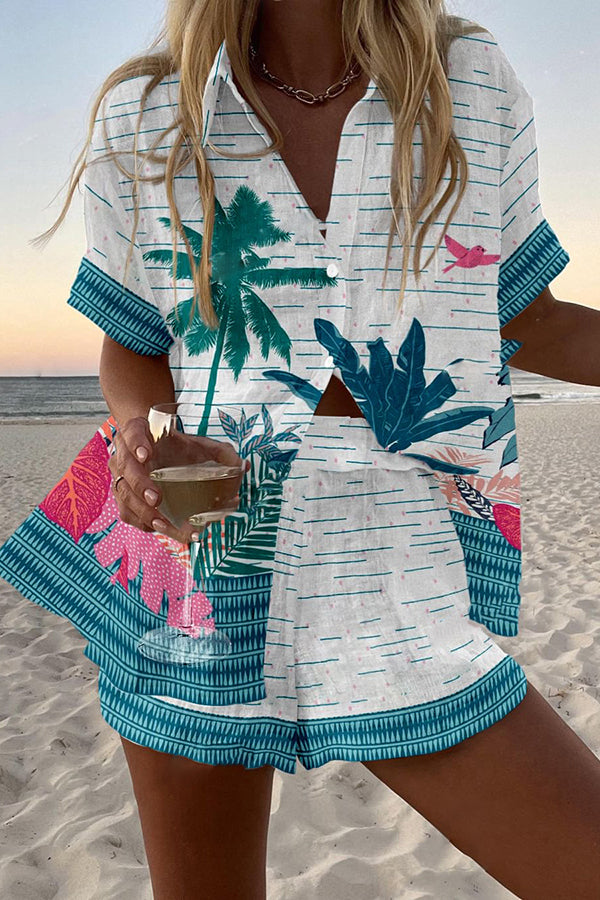 Rainforest Plant Print Loose Button Elastic Waist Shorts Set