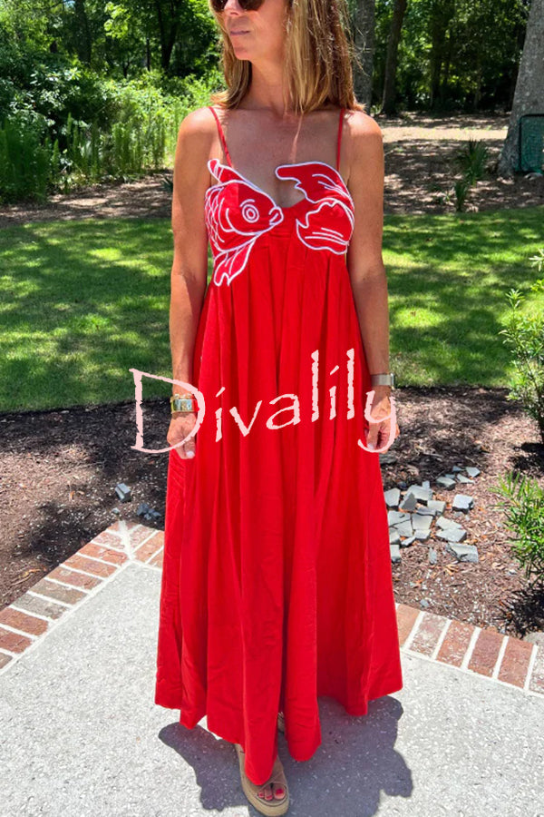 Red Fish Embroidered Sling Backless Maxi Dress