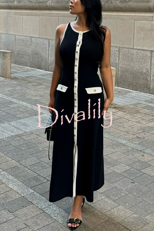 Elegant Slim Fit Crew Neck Buttoned Sleeveless Knit Midi Dress