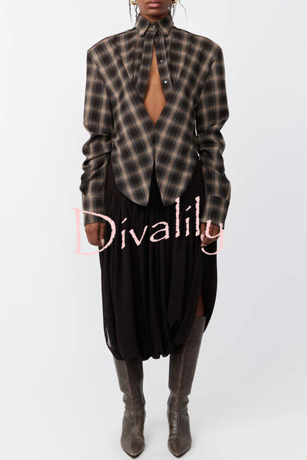 Vintage Plaid Shoulder Pad Buttons Long Sleeve Angled Hem Shirt