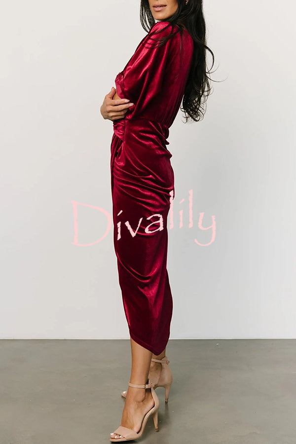 Brendy V Neck Half Sleeve Velvet Pleated Midi Dress