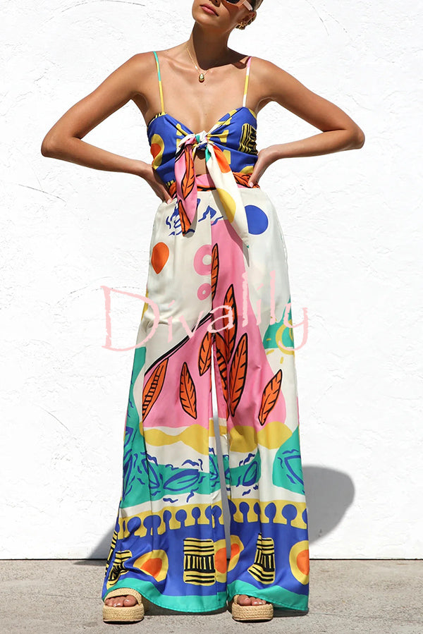 Unique Printed Back Pleated Suspenders Loose Pocket Wide-leg Jumpsuit