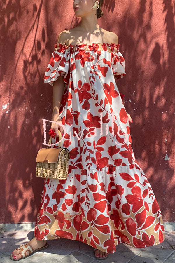 Floral Print Off-The-Shoulder Puff Sleeve Loose Holiday Maxi Dress