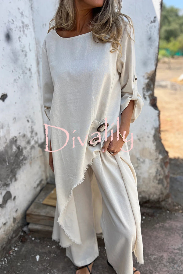 Jamilah Linen Blend Ring Detail Midi Blouse  and Elastic Waist Pocketed Loose Pants Set