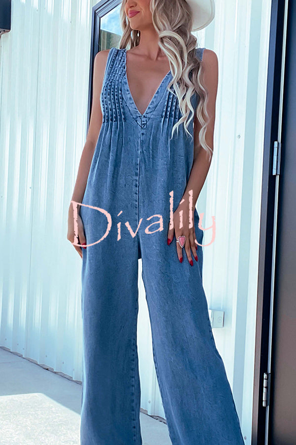 Solid Color Sexy V-neck Open Back Pleated Loose Denim Jumpsuit