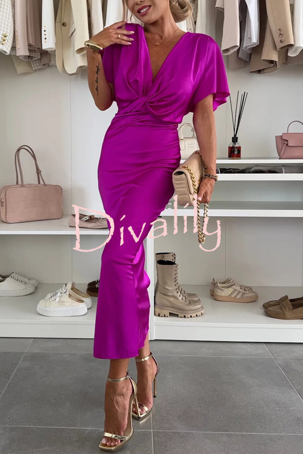 Satin Solid Color V-neck Cross Knot Slim Maxi Dress