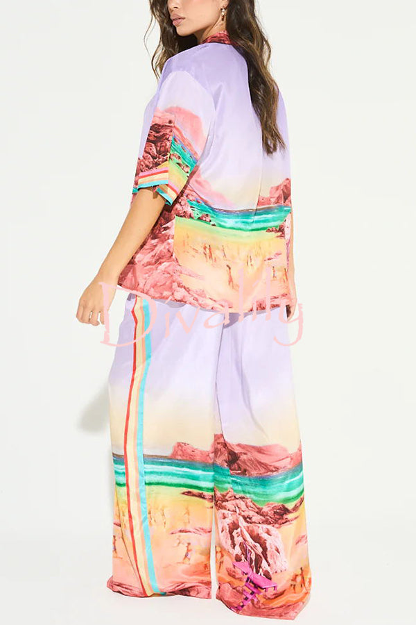 Lilac Sunrise Unique Print Short Sleeve Loose Shirt and Elastic Waist Pocket Pants Set