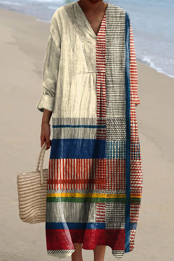 Multicolor Line Print V-Neck Long Sleeve Loose Midi Dress