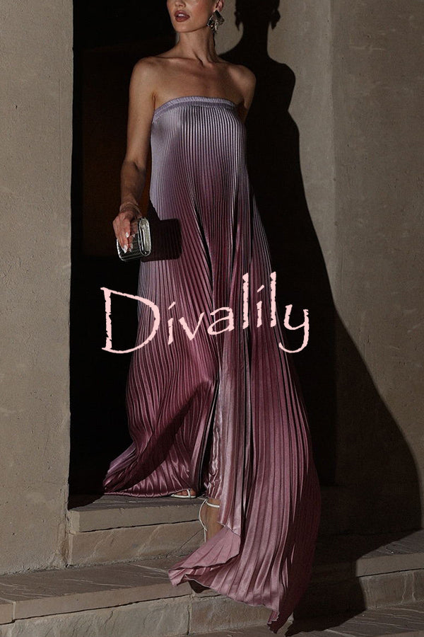 Gorgeous Styling Satin Pleated Elastic Bust Strapless A-line Gown Maxi Dress