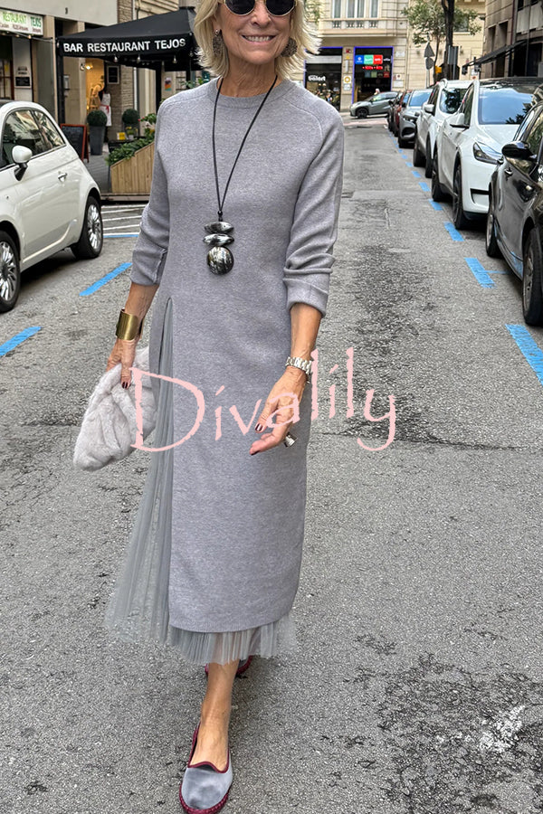 Jollie Knit Long Sleeve Front Slit Midi Sweater and Pleated Tulle Stretch Tank Midi Dress Two-piece Set