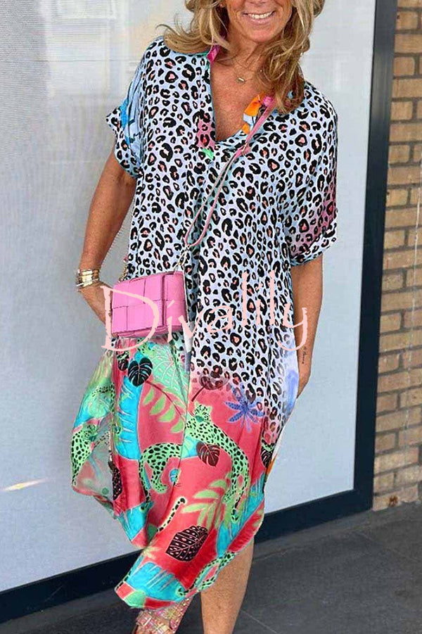 Fashion Leopard Print Short Sleeve Pocket Loose Midi Dress