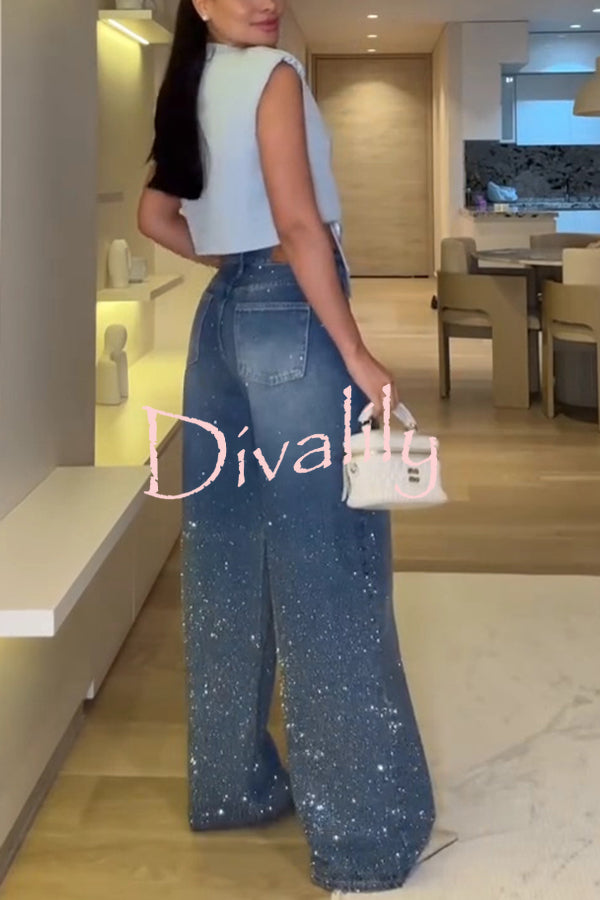 Fashion Star Rhinestone High Rise Casual Pocket Straight Loose Jeans