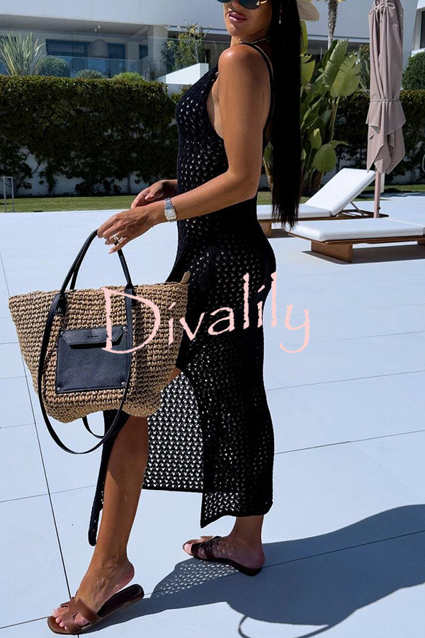 Solid Color V-neck Hollow Beach Knitted Cover-up Midi Dress