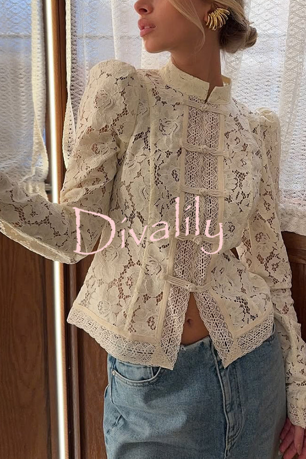 Fashion Hollow Lace Stand Collar Long Sleeve Slim Shirt