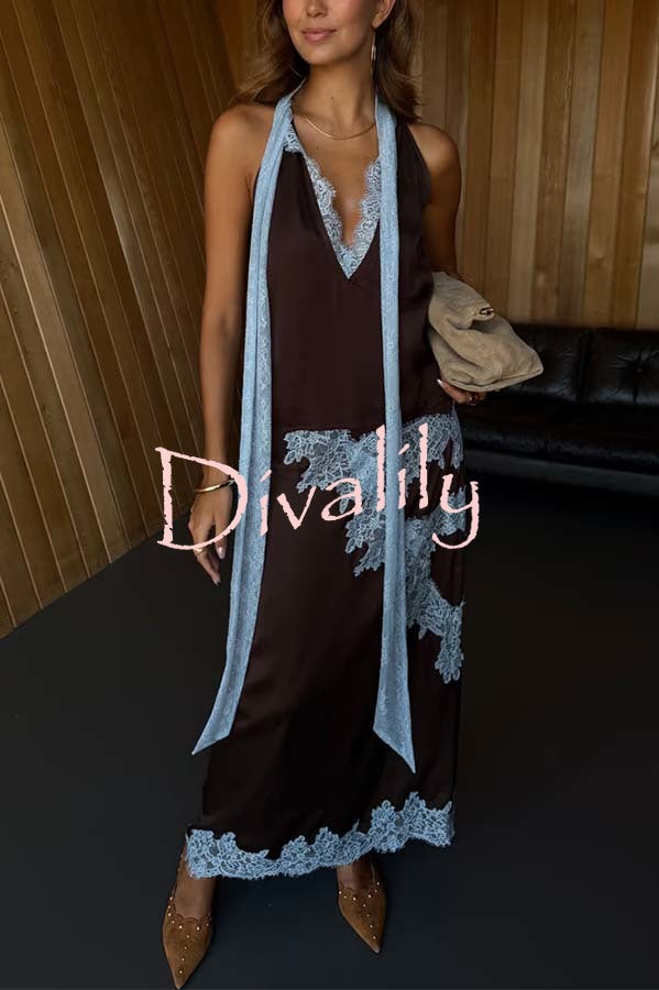 Sunday Social Contrast Color Satin Lace Trim Mid Rise Maxi Skirt