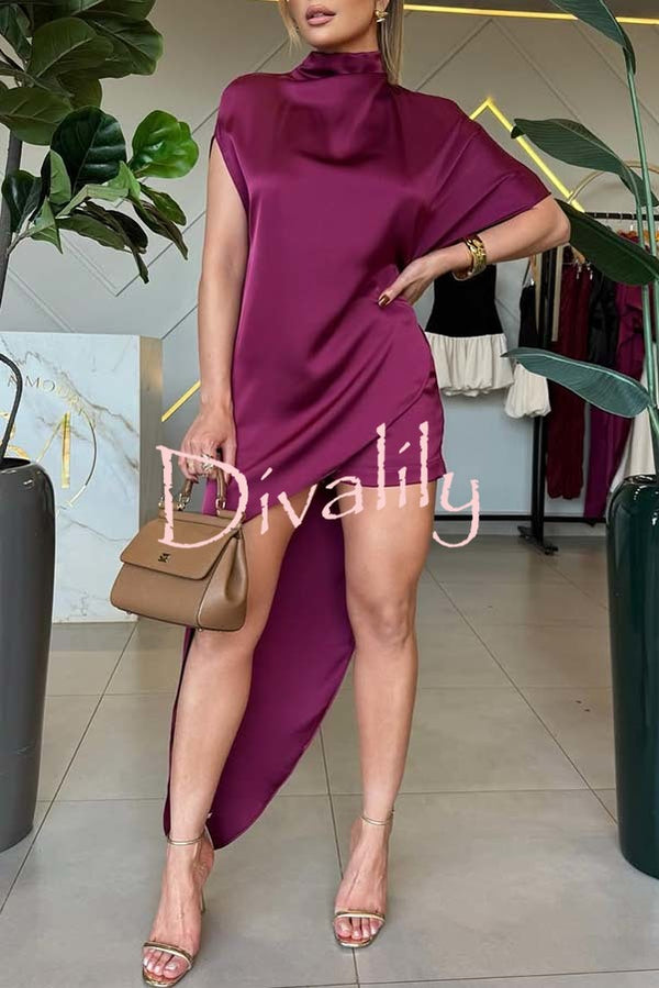 Katniss Satin High Neck Irregular Design Top and Elastic Waist Pocket Shorts Set