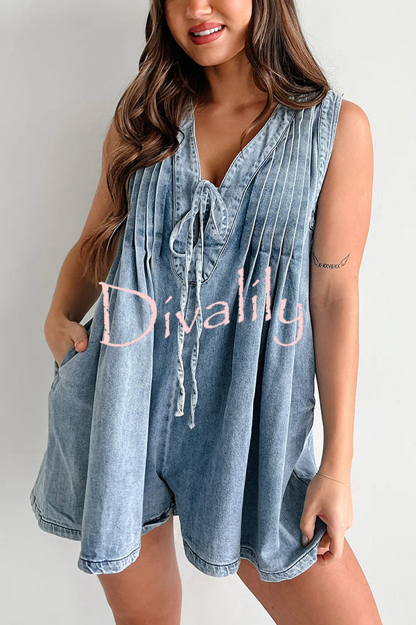 Downtown Daze Denim Pleated Tie-up Pocketed Loose Romper