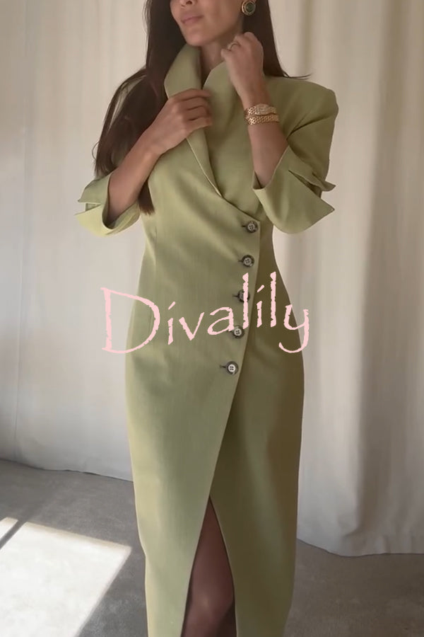 Elegant Look Linen Blend Stand Lapel Neck Half Sleeve Side Button Midi Dress