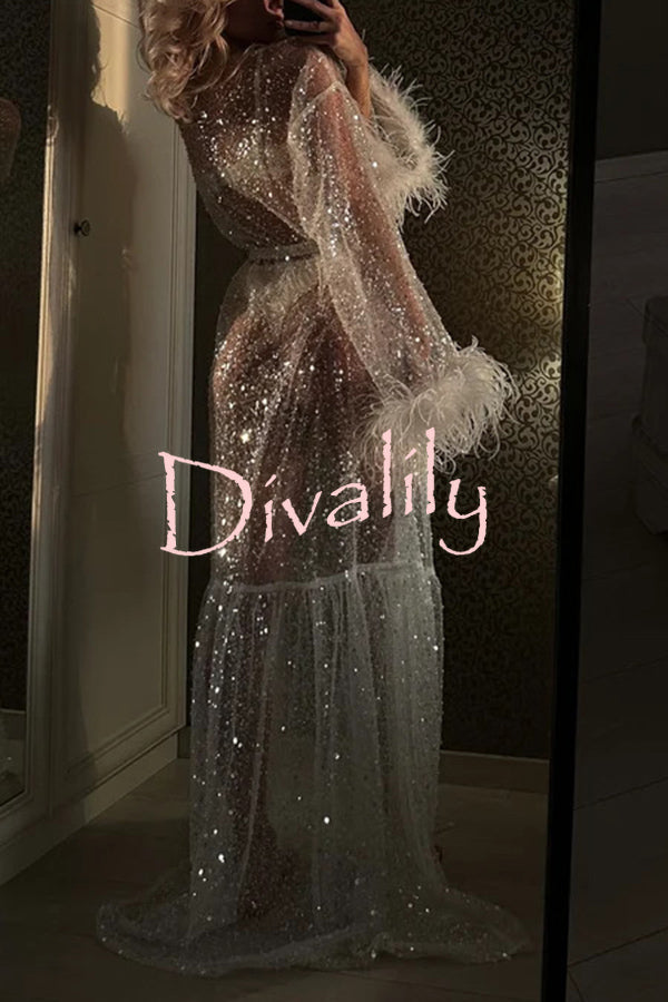 Fashionable Sequined Feather Long-sleeved Vacation Loose Extra-long Sun Protection Cover-up