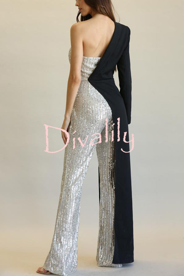 Fashionable Sequined Patchwork One-sided Long-sleeved Asymmetrical Jumpsuit