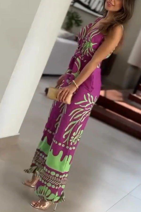 Unique Printed V-Neck Sleeveless Waist Tie Jumpsuit